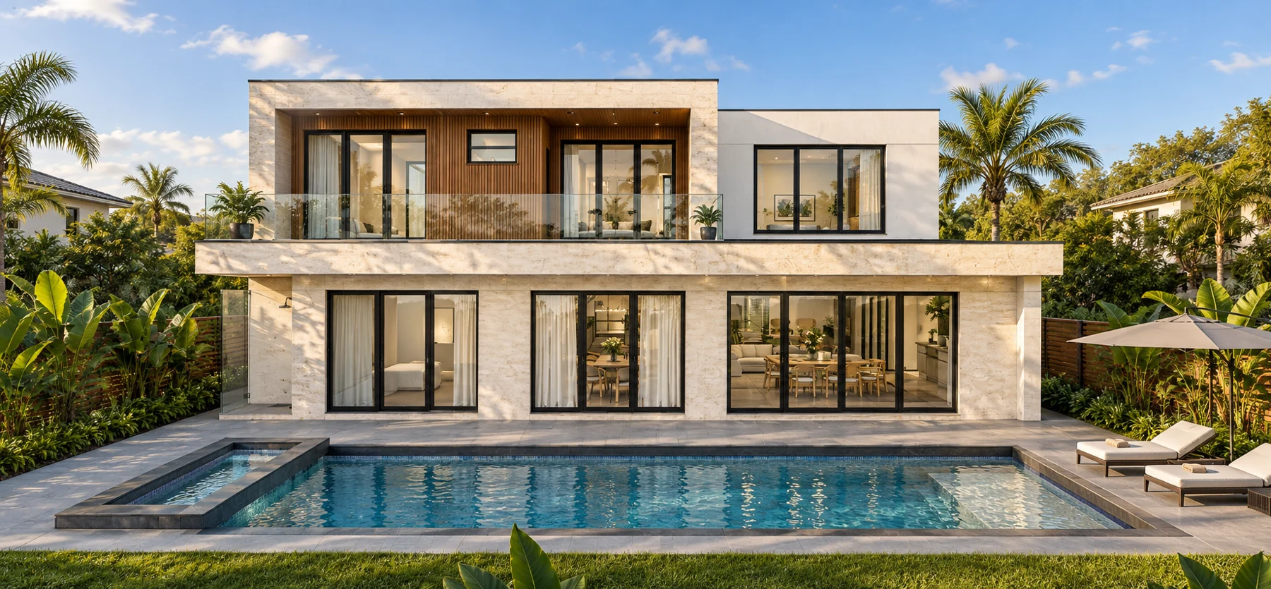 Architectural rendering of the rear of 2742 S East Avenue, with a pool, spa, and covered outdoor living area