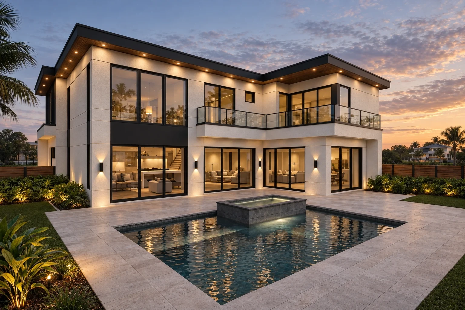 Bougainvillea residence at dusk, with its private pool and illuminated interiors